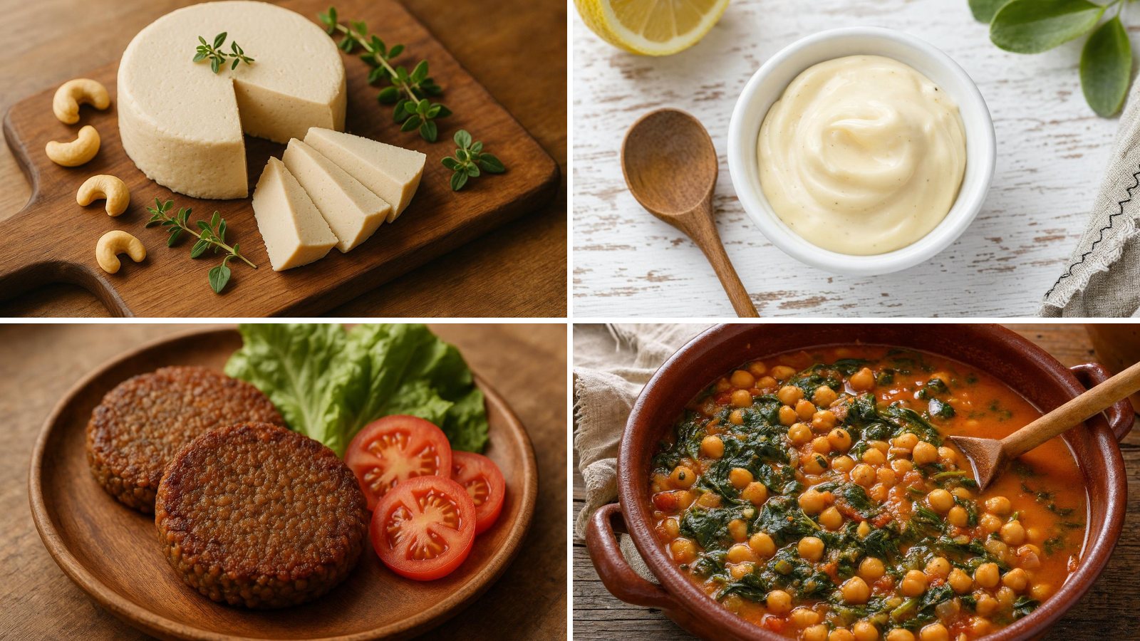 Queso vegano, mayonesa vegana, hamburguesa vegana y potaje de garbanzos, recetas veganas caseras