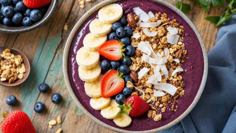 Açaí bowl morado con plátano, fruta y granola por encima