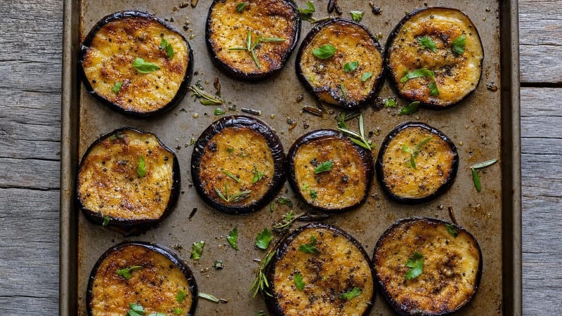Rodajas de berenjena al horno doradas en una bandeja