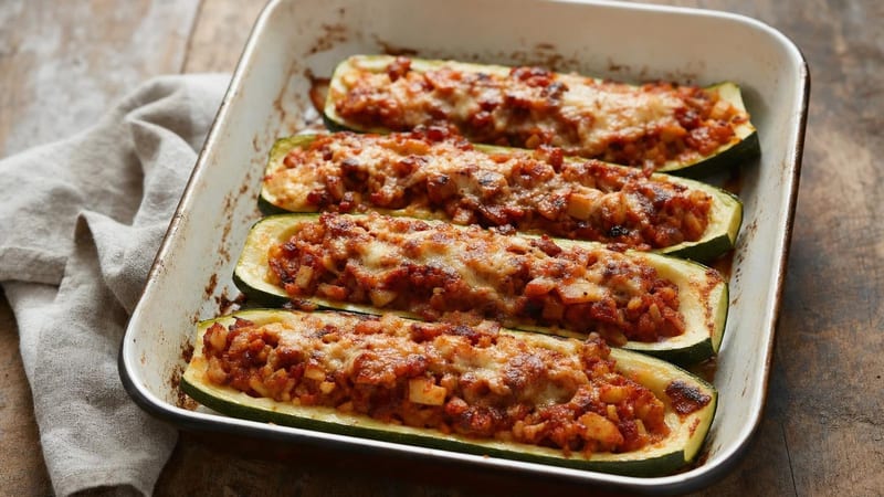 Calabacines rellenos al horno gratinados en una fuente, imagen de la receta de calabacín relleno