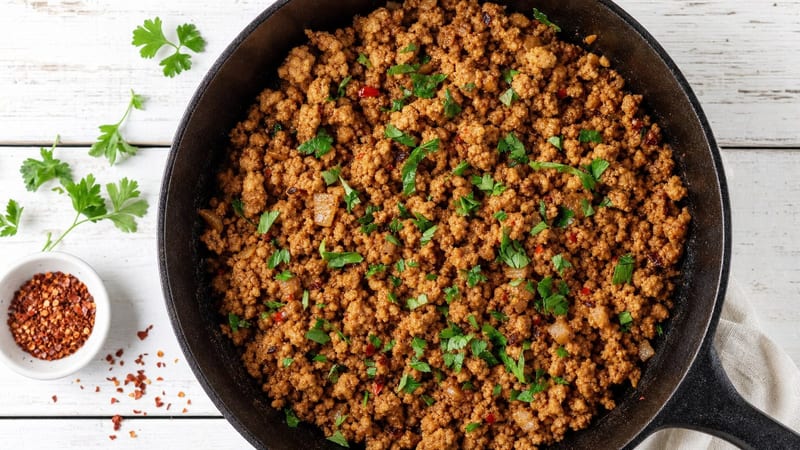Sartén con carne picada vegana de soja texturizada salteada