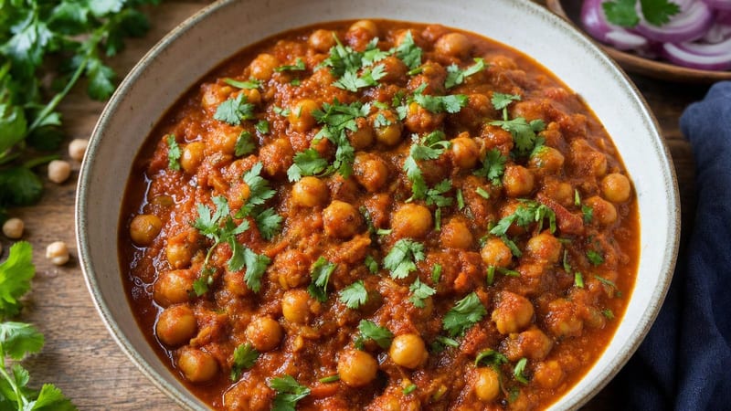 Cuenco de chana masala, curry de garbanzos con cilantro