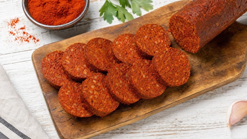 Rodajas de chorizo vegano casero de seitán en un plato de madera