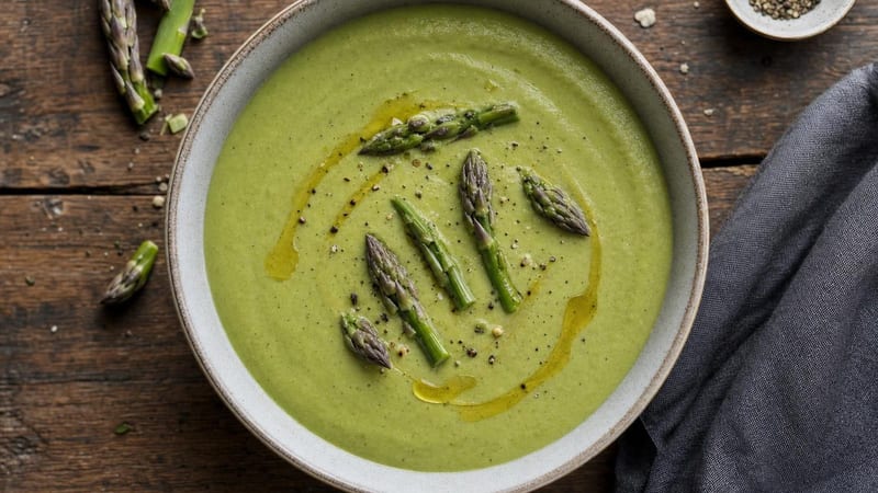 Cuenco de crema de espárragos verde con un hilo de aceite