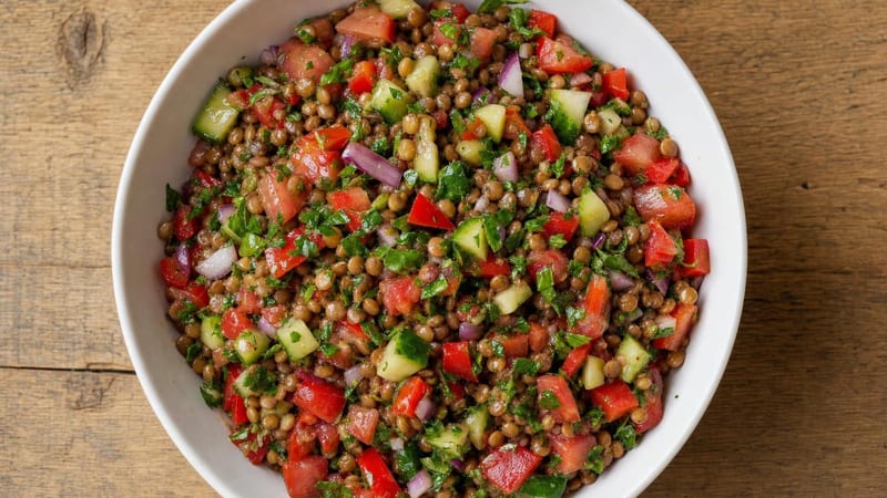 Ensalada de lentejas con tomate, pepino y pimiento en un bol blanco