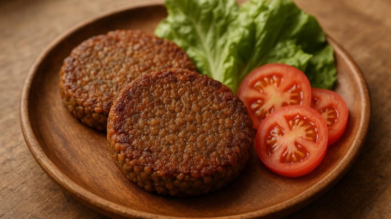 Hamburguesas veganas de lentejas caseras en un plato de madera, imagen de la receta de hamburguesa vegana