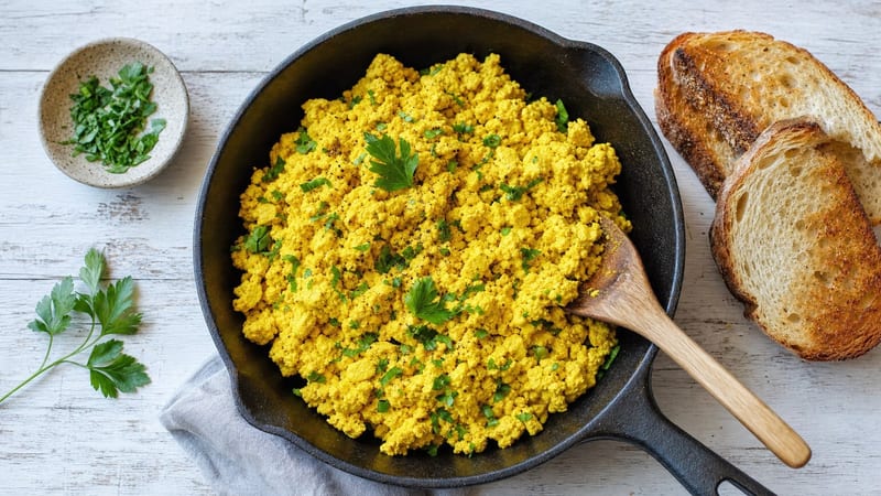 Sartén con huevo vegano revuelto de tofu amarillo