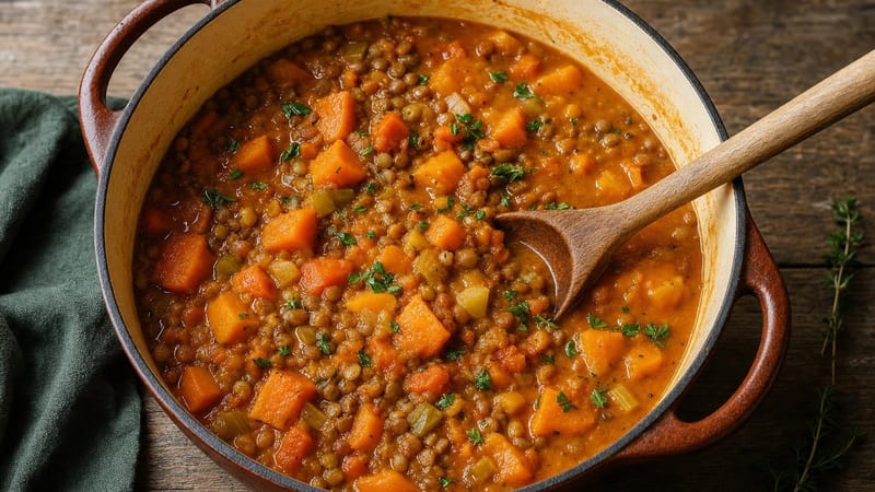 Cazuela de lentejas guisadas con calabaza, imagen de la receta de lentejas con calabaza