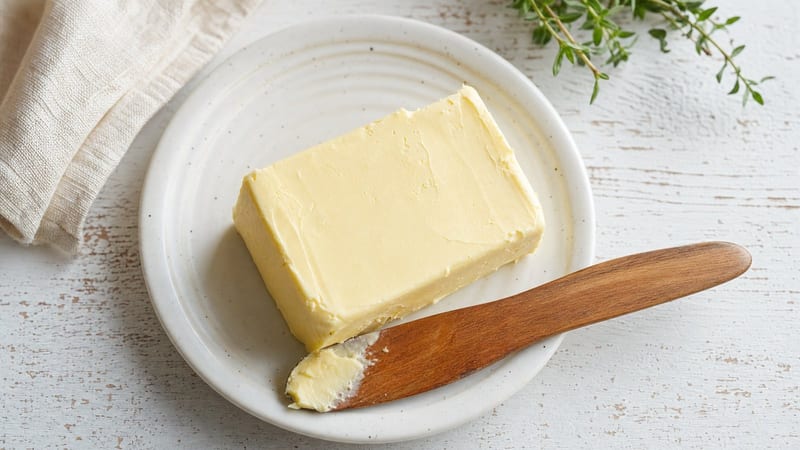Bloque de mantequilla vegana casera con un cuchillo de madera