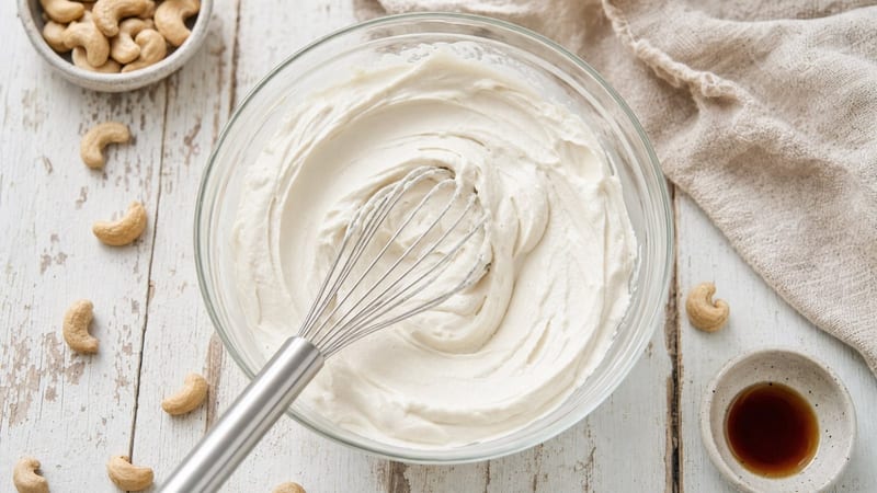 Bol de nata vegana casera de anacardos con varillas