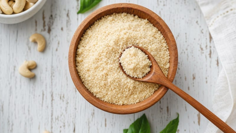Bol de parmesano vegano rallado de anacardos con cuchara