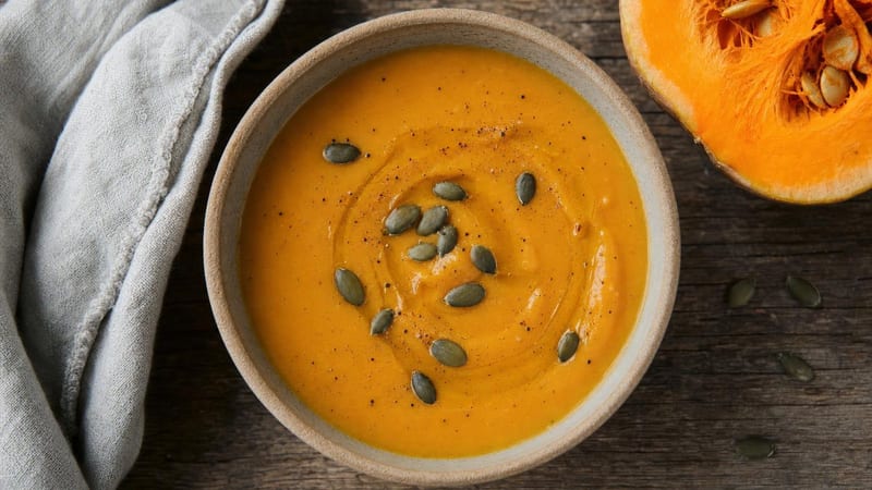 Bol de puré de calabaza cremoso con un hilo de aceite