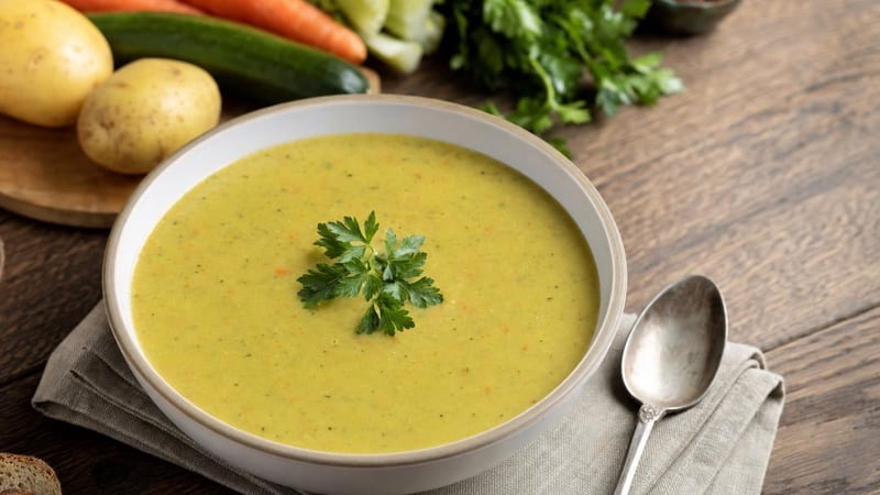 Plato de puré de verduras cremoso con perejil