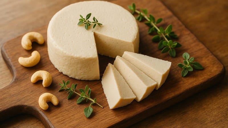 Queso vegano casero de anacardos cortado en un plato de madera