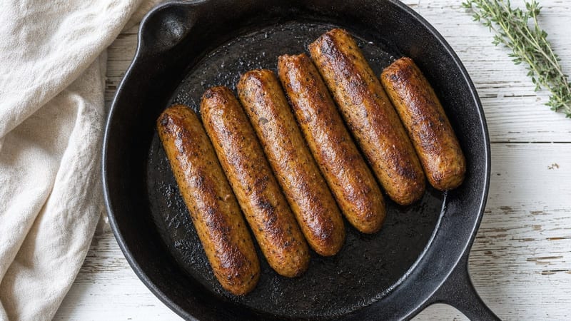Salchichas veganas caseras de seitán en una sartén