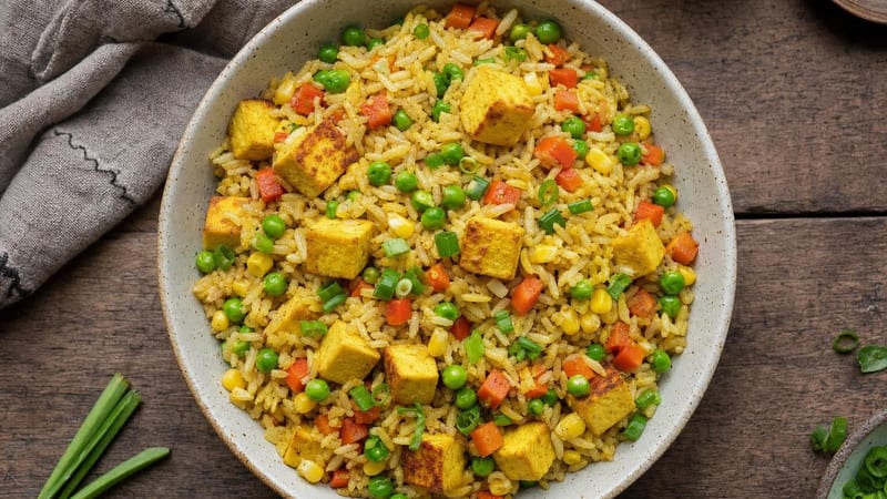 Plato de arroz tres delicias vegano con guisantes, maíz y tofu